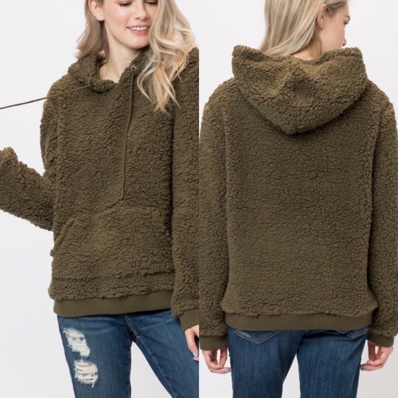 Olive cozy furry Sherpa Hooded Teddy Pullover - Picture 2 of 2